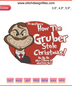 Festive Christmas embroidery featuring villain Gruber in Santa hat, inspired by Dr. McClane's unique holiday design.