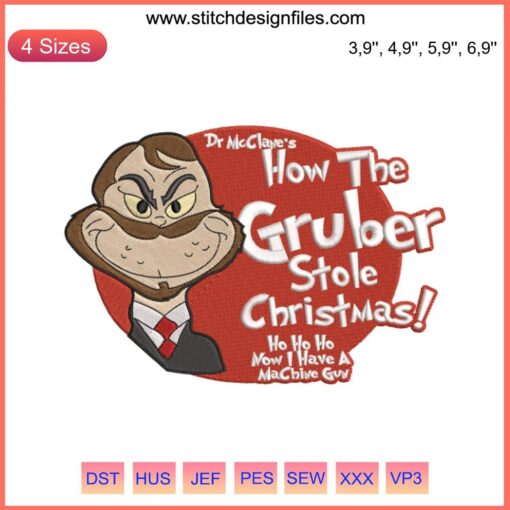 Festive Christmas embroidery featuring villain Gruber in Santa hat, inspired by Dr. McClane's unique holiday design.