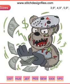 Scary Bear Jason Voorhees Halloween Embroidery Design, Machine Stitching, Humorous Intricate Bear Wearing Hockey Mask, Spooky Decor