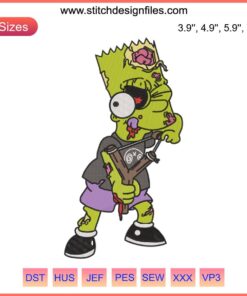 Zombie Bart Simpson Embroidery Design with Slingshot - Halloween Digital Art, Machine Embroidery Pattern