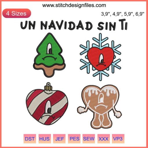 Sad Heart Bad Bunny Embroidery Design: "Un Navidad Sin Ti" Christmas Machine File - Festive and Unique Embroidery Art