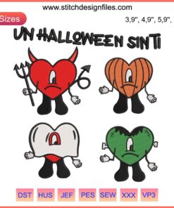 Bad Bunny Sad Heart Embroidery: Purple and orange design featuring spooky eyes, bats, heart; perfect for Halloween fans.