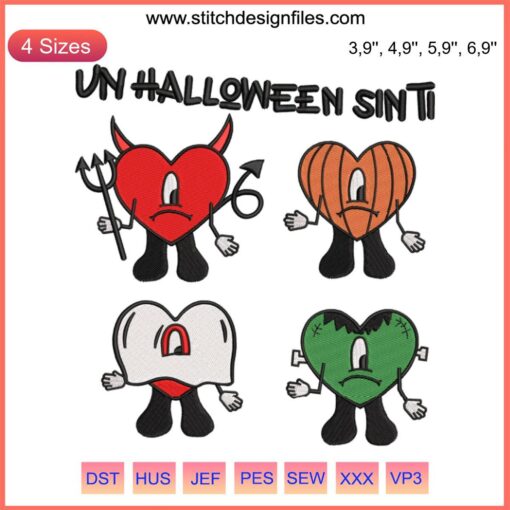 Bad Bunny Sad Heart Embroidery: Purple and orange design featuring spooky eyes, bats, heart; perfect for Halloween fans.