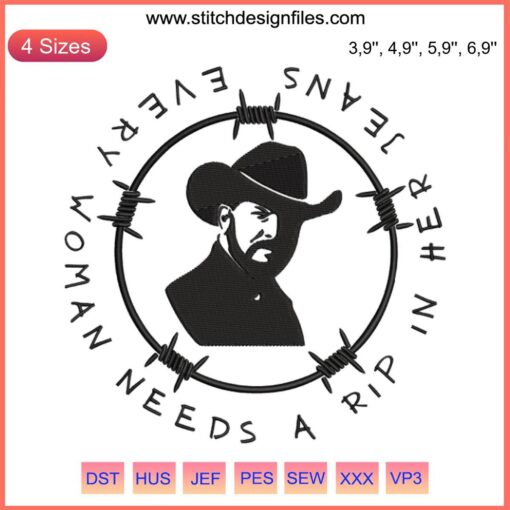 Yellowstone RIP Wheeler embroidery design on jeans, featuring text "Every Woman Needs A Rip In Her Jeans".