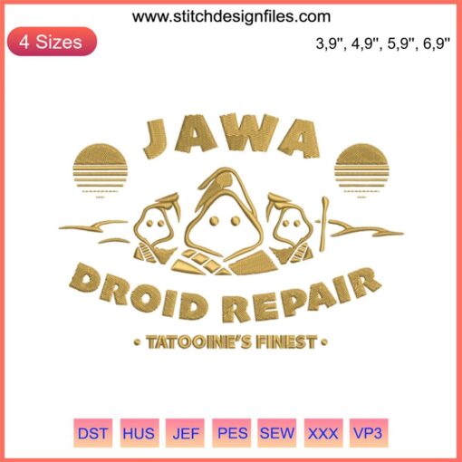 "Star Wars Jawa Droid Repair Tatooine's Finest Embroidery Design featuring Jawas and droids. Perfect for Star Wars fans."