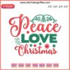 Peace Love Christmas Embroidery Design: Colorful, festive machine-embroidered Merry Christmas text with hearts and festive elements.