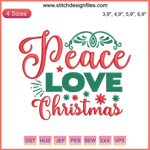 Peace Love Christmas Embroidery Design: Colorful, festive machine-embroidered Merry Christmas text with hearts and festive elements.
