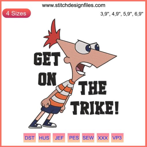 Phineas Flynn riding trike embroidery design, vibrant Phineas and Ferb TV series art, kid-friendly digital pattern.