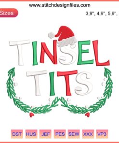 Christmas-themed "Jingle Balls, Tinsel Tits" embroidery design for couples; holiday party appeal.