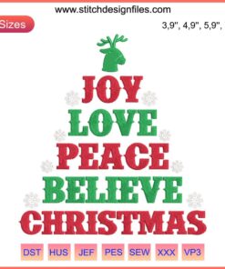 Joy Love Peace Believe Christmas Embroidery Reindeer | Festive Machine Design File | Holiday Embroidery Design