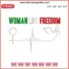 Embroidery design depicting "Woman Life Freedom" and "Zan Zendegi Azadi" with a heartbeat motif; empowering women's rights theme.