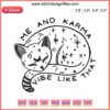 Lazy Cat Embroidery Design: "Me and Karma Vibe Like That" - Machine file, trending feline pattern, creative stitch art.