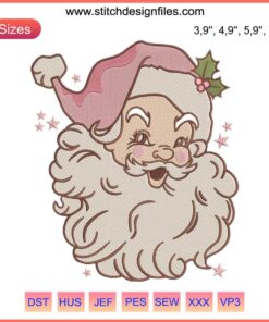 Retro Pink Santa Claus Machine Embroidery Design for Christmas, featuring a vintage-styled Santa in pink tones.
