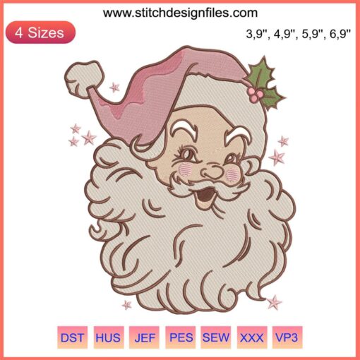 Retro Pink Santa Claus Machine Embroidery Design for Christmas, featuring a vintage-styled Santa in pink tones.