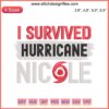 "I Survived Hurricane Nicole 2022" Embroidery Design | Survivor Machine Embroidery, vibrant text on fabric background.