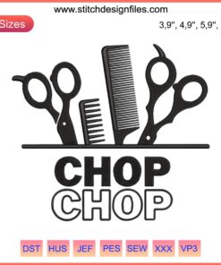 Barber-themed embroidery design: "Chop Chop For Barber" with scissors, ideal for hairstylists and cosmetology enthusiasts.
