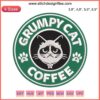Grumpy Cat sipping Starbucks, embroidered design for coffee and cat lovers. Humorous, unique machine embroidery download.
