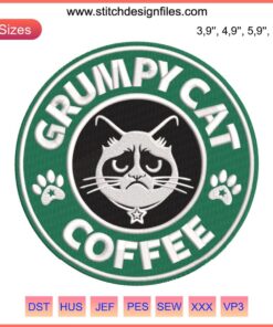 Grumpy Cat sipping Starbucks, embroidered design for coffee and cat lovers. Humorous, unique machine embroidery download.