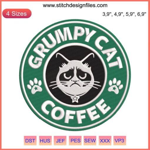 Grumpy Cat sipping Starbucks, embroidered design for coffee and cat lovers. Humorous, unique machine embroidery download.
