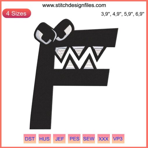 Villain Alphabet Lore F Costume Embroidery featuring funny, evil letter-themed machine design in bold, colorful patterns.