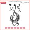 Black cat playing piano embroidery design with music notes; Cat Loves Music theme; machine embroidery pattern.