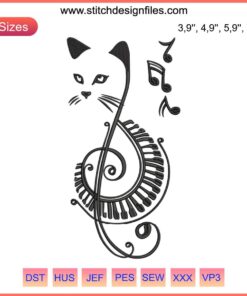 Black cat playing piano embroidery design with music notes; Cat Loves Music theme; machine embroidery pattern.