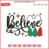 Mickey Mouse Christmas embroidery design with "Believe" text, perfect for Disney-themed holiday projects and parties.