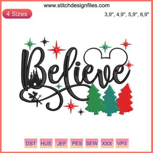 Mickey Mouse Christmas embroidery design with "Believe" text, perfect for Disney-themed holiday projects and parties.