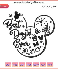Minnie & Mickey Mouse Disney Embroidery Design, "Best Day Ever" Text, Colorful Stitching, Cute Cartoon Lovers, Fun Gift Idea