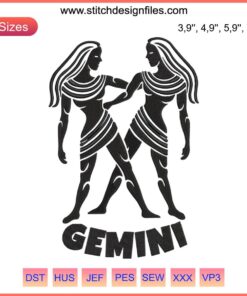 Gemini Twins Horoscope Embroidery Design, Zodiac Machine File, Astrology Birthday Embroidery, Gemini Zodiac Pattern.