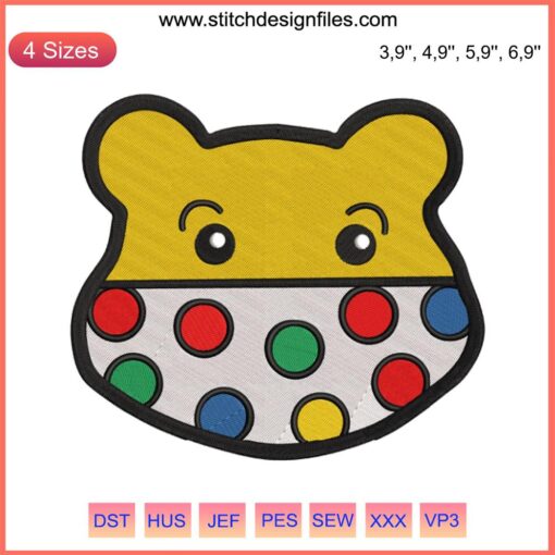 Pudsey Bear Embroidery Design | BBC Children In Need Machine Stitch File | Cute, Colorful Kids' Craft Pattern