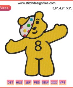 Pudsey Bear BBC Embroidery Design for Children In Need, machine embroidery featuring iconic bear, charity symbol, stitching pattern.