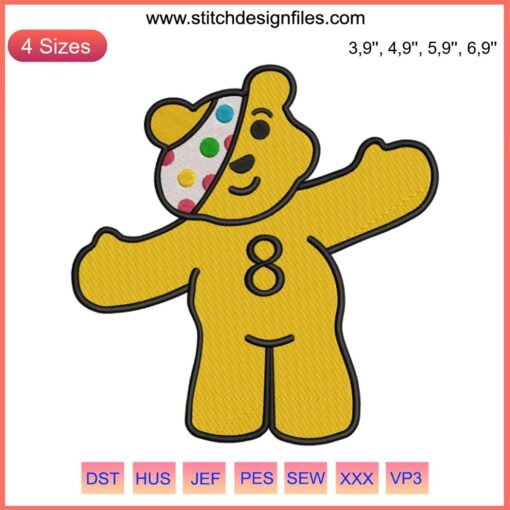 Pudsey Bear BBC Embroidery Design for Children In Need, machine embroidery featuring iconic bear, charity symbol, stitching pattern.