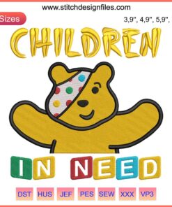 Pudsey Bear Children In Need 2022 Embroidery Design, BBC Spotty Day, Machine File, Colorful Cartoon Bear Pattern.