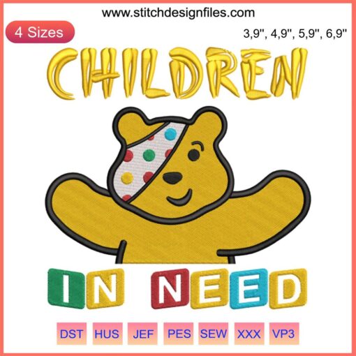 Pudsey Bear Children In Need 2022 Embroidery Design, BBC Spotty Day, Machine File, Colorful Cartoon Bear Pattern.