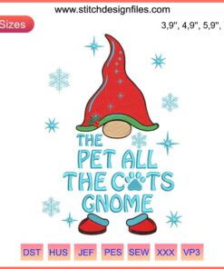Funny Christmas gnome embroidery design featuring a cat-loving theme. Ideal matching gift for pet enthusiasts.