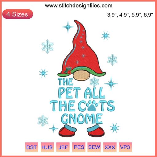 Funny Christmas gnome embroidery design featuring a cat-loving theme. Ideal matching gift for pet enthusiasts.