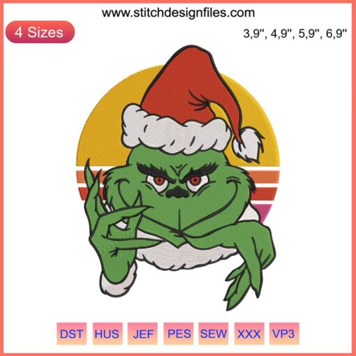 Grinch Santa Hat Vintage Embroidery Design | Christmas Machine Stitching | Festive Grinch Embroidery Pattern