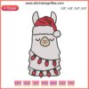 Llama Christmas Embroidery: Adorable llama in Santa hat with festive lights, perfect holiday machine design for crafts.