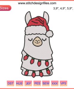 Llama Christmas Embroidery: Adorable llama in Santa hat with festive lights, perfect holiday machine design for crafts.