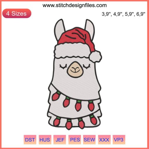 Llama Christmas Embroidery: Adorable llama in Santa hat with festive lights, perfect holiday machine design for crafts.