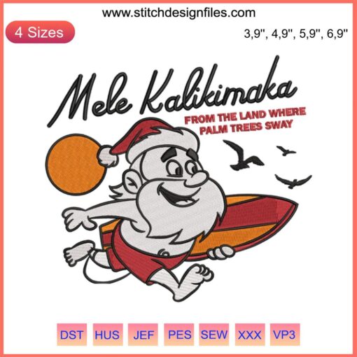 Santa surfing tropical waves, Mele Kalikimaka, vintage Christmas embroidery design, festive machine stitching.