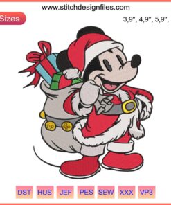Disney's Santa Mickey Mouse Claus with Gift Bag Embroidery Design, Merry Christmas 2022, festive cartoon holiday decor.