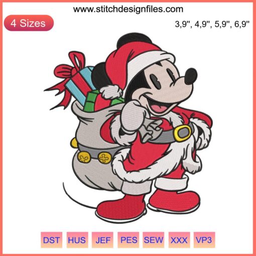 Disney's Santa Mickey Mouse Claus with Gift Bag Embroidery Design, Merry Christmas 2022, festive cartoon holiday decor.