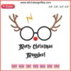 Harry Potter reindeer machine embroidery design with "Merry Christmas Muggles" text, wizard theme, festive decor.