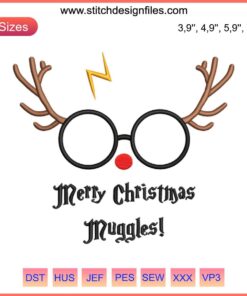 Harry Potter reindeer machine embroidery design with "Merry Christmas Muggles" text, wizard theme, festive decor.
