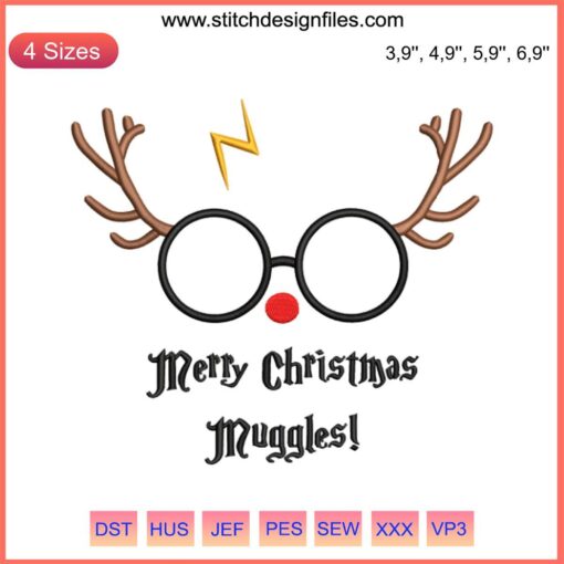 Harry Potter reindeer machine embroidery design with "Merry Christmas Muggles" text, wizard theme, festive decor.