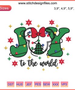 Minnie Mouse Joy to the World Embroidery | Christmas Disney Xmas Tree Lights Design featuring festive Minnie in red and green attire.