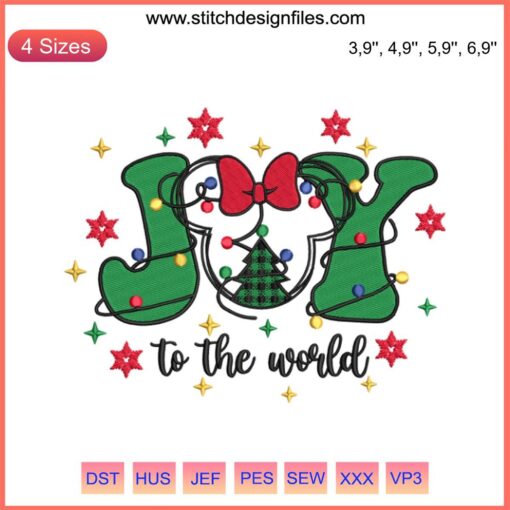 Minnie Mouse Joy to the World Embroidery | Christmas Disney Xmas Tree Lights Design featuring festive Minnie in red and green attire.