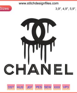 Embroidery design featuring a dripping Chanel logo, high-quality machine embroidery file, perfect for fashion branding projects.